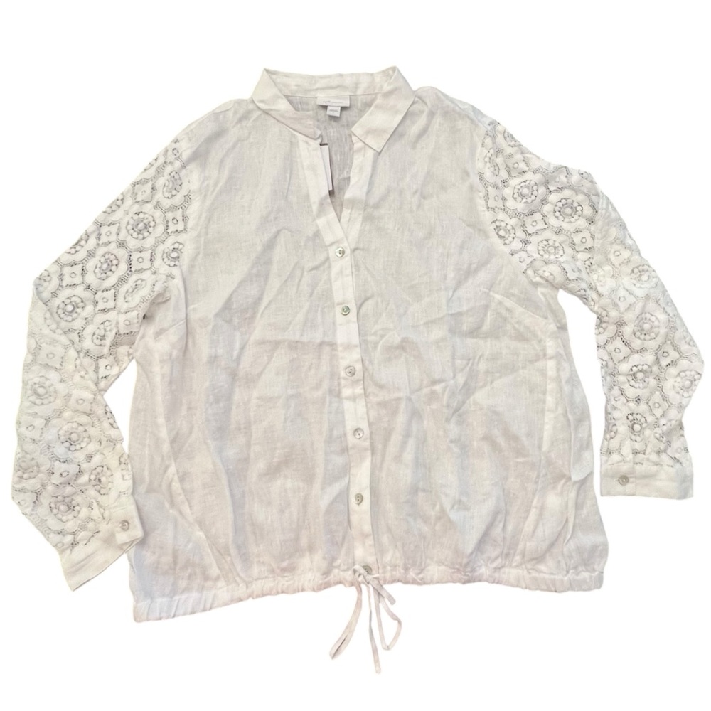 J. Jill‎ Love Linen White Top Button Up Shirt Lace Sleeves Tie Waist Large NWT